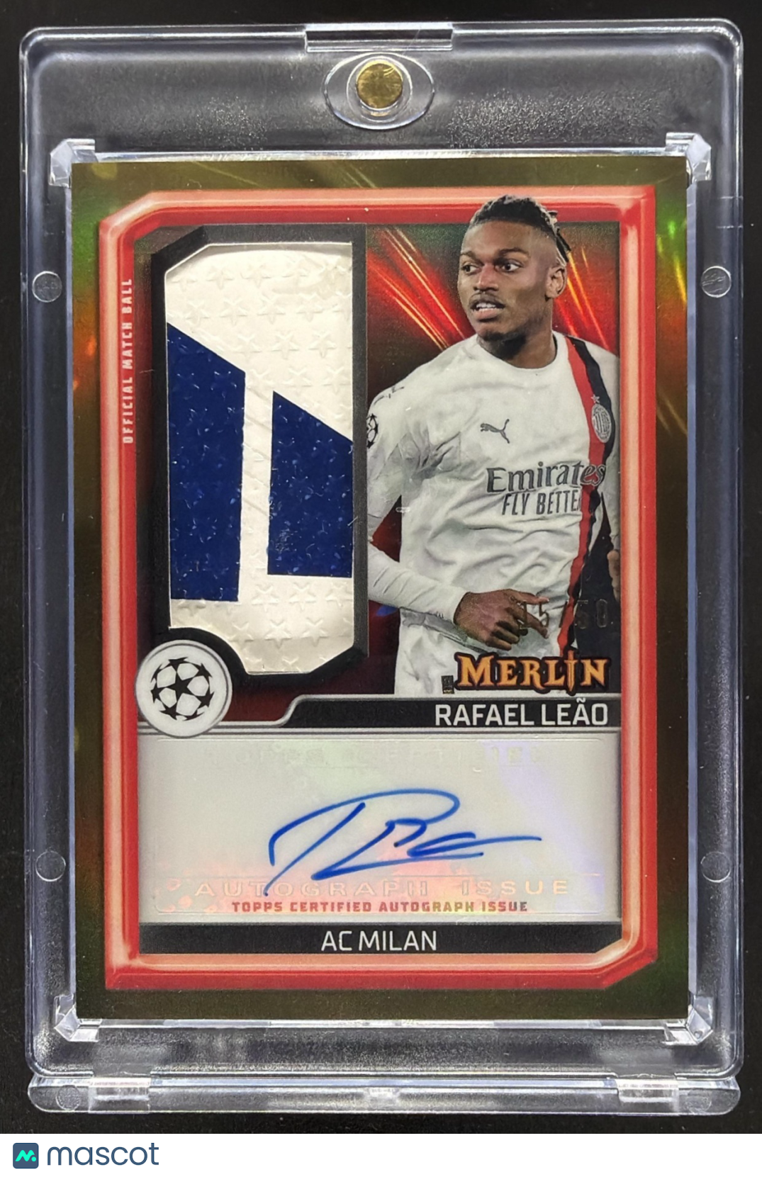 2023 Topps Chrome Merlin UEFA Rafael Leao #MBS-RA Match Ball Gold Refractor /50 Auto