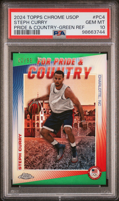 2024 Topps Chrome Olympic Steph Curry Country Pride Green Refractor 62/99 PSA 10